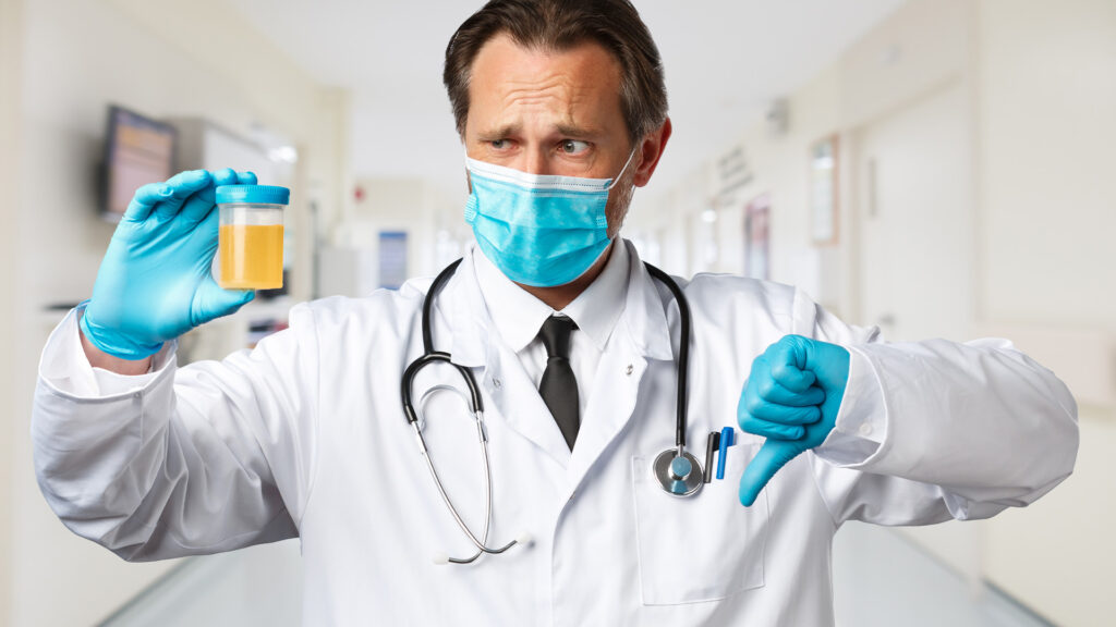 A dismayed doctor holding a cloudy urine specimen